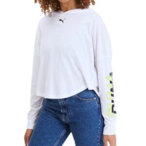 PUMA Women’s White Cropped Hoodie Long Sleeve Logo Top Size XL Pullover